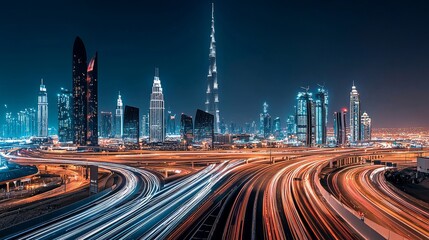 Poster - The city skyline illuminated by a multitude of headlights and taillights serves as the backdrop for the motion blur of vehicles on a busy urban highway during the evening rush hour