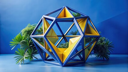 Poster - Blue and Yellow Geometric Structure with Tropical Plants on Blue Background