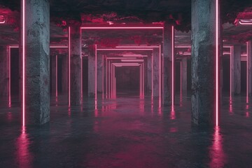 Aufkleber - The scene depicts a modern garage backdrop, set against a futuristic warehouse with bold red neon lighting, incorporating a minimalist design of a dark, vacant room, and a sweeping panorama of the