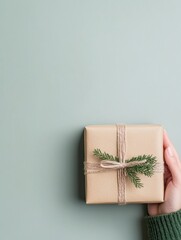 Fototapete - Minimalist Gifting Moment Hand Holding Eco-Friendly Wrapped Present with Evergreen Accent - Modern Celebration Imagery for E-commerce and Sustainable Lifestyle Branding