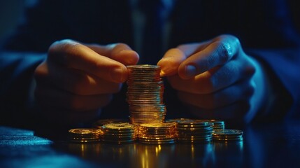 Wall Mural - Hands building gold coin stack, dark office, wealth