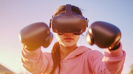 Poster - Tech-Savvy VR Boxing Experience Young Korean Adult in Energetic Workout with VR Headset and Controllers - Immersive Health Tech in Modern Fitness Spaces
