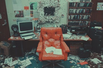 Poster - Generate AI for an anime visual novel game that takes place on a desktop in an office interior setting