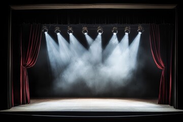 Poster - A beautiful indoor event with a well-designed stage and entertainment setup includes a bright scene with modern lighting effects, smoke, and colourful lights