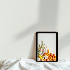 Leinwandbilder - Minimalist Digital Healthcare Display Sleek Tablet with Online Pharmacy on Crisp White Bedding - Modern Telemedicine Interface for Enhanced Remote Patient Care