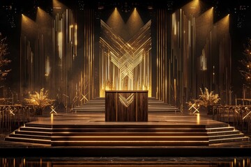 Poster - An entertainment show is presented on an event stage with a light background and spotlight, where the empty stage has warm ambiance colors and a backdrop decoration, as designed for the stage