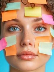 Poster - Vibrant Visual Collaboration Diverse Young Professionals with Colorful Sticky Notes - Creative Office Dynamics for Innovative Business Ideation and Market Agility