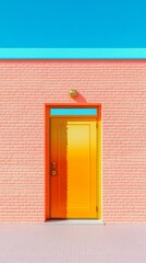 Aufkleber - Vibrant Minimalist Storefront Bold Yellow Door on Textured Pink Brick Wall - Retail Branding and Urban Design for Modern Consumer Attraction