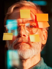 Poster - Warm Industrial Brainstorming Mature Male Professional with Sticky Notes and Glass Wall in Modern Tech Office - Creative Collaboration and Business Innovation Strategy