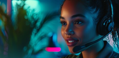 Poster - a cheerful black lady is prepared to provide customer support assistance
