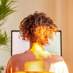 Aufkleber - Sunlit Curly Hair Over Modern Dual Monitors Ergonomic Workspace for Young Professionals - Contemporary Office Design and Business Efficiency for Creative Entrepreneurship