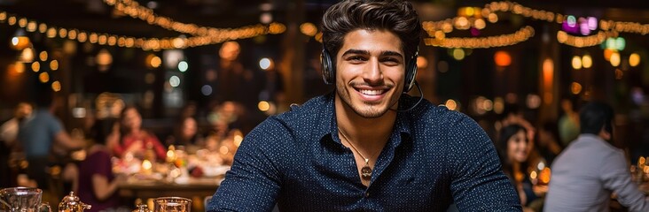 Poster - In an office setting, a call center representative, equipped with a headset, assists customers by computer, as a technical support specialist delivers customer service, overlaid with double exposure