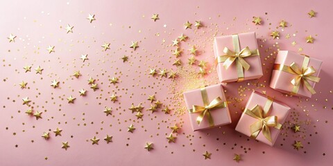 Sticker - Pink Presents with Golden Star Confetti A Festive Celebration