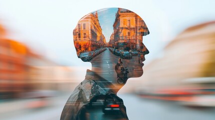 Poster - Futuristic Urban Mobility Silhouette with Bike Lanes and E-Scooters Overlayed on Cityscape - Innovative Urban Development and Smart City Planning Visualization