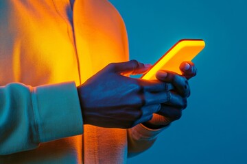 Aufkleber - Neon Tech Aesthetic Close-Up of Young Adult Engaging with a Smartphone - Digital Integration in Modern Lifestyle and Innovative Business Solutions