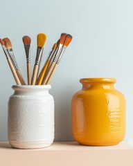 Aufkleber - Minimalist Crafting Display Textured Ceramic Vases with Artist Brushes on Pastel Background - Inspiring Arts Education and Creative Retail Concepts for Modern Spaces