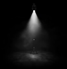 Poster - The stage is set with a striking white spotlight that cuts through the darkness, creating dramatic light effects