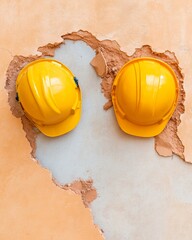 Aufkleber - Industrial Safety Aesthetic Yellow Hard Hats on Textured Concrete and Plaster Wall - Modern Construction Visuals for Site Management and Safety Promotion