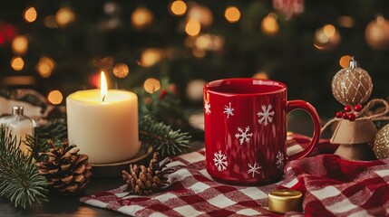 Wall Mural - The composition includes a Christmas background with a mug on a table, showcasing a blurred effect and warm ambient lighting from a New Year's tree