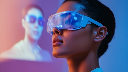 Fototapete - Futuristic Fitness Hub Asian Male Engages with AI Coach in Sleek Virtual Gym - Smart Equipment and Digital Wellness Technology for High-Performance Environments