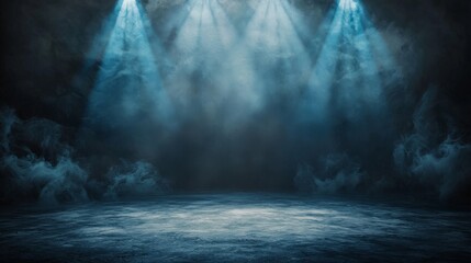 Poster - The shiny floor of a mysterious empty stage is bathed in a spotlight, surrounded by dramatic blue lights and smoke, creating a dark ambiance perfect for a performance or presentation