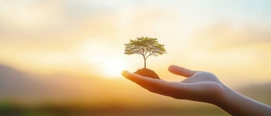 Poster - Sustainable Innovation Imagery Miniature Tree in Lightbulb Set Against Nature, Hand Holding Gesture - Eco-Friendly Concepts for Business and Marketing