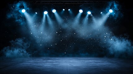 Poster - The stage is set with a modern aesthetic, incorporating dramatic blue lighting and haze to create an atmosphere suitable for presentations, events, and entertainment industry applications, Stocke
