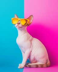 Aufkleber - Neon Pop Pet Art Stylish Sphynx Cat in Oversized Sunglasses, Against Neon Backdrop - Contemporary Decor and Digital Branding for Urban Pet Lovers
