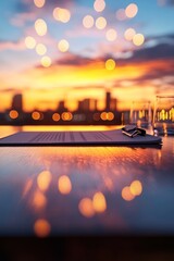 Poster - Ambient Corporate Meeting Setup Modern Desk at Sunset with Document and Glass Reflections Business Innovation in Remote Management and Inspirational Workspace
