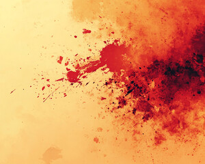 Poster - Abstract red and orange paint splashes and brushstrokes on a yellow background, creating a dynamic and fiery visual effect that symbolizes energy, passion, and creative expression.