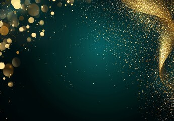 Wall Mural - glitter vintage lights set against a black, green, and gold background are depicted in a de-focused 