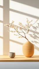 Aufkleber - Minimalist Holiday Decor Ceramic Vase with Blossoms and Textured Shadows - Contemporary Seasonal Content for Interior Design and Lifestyle Branding