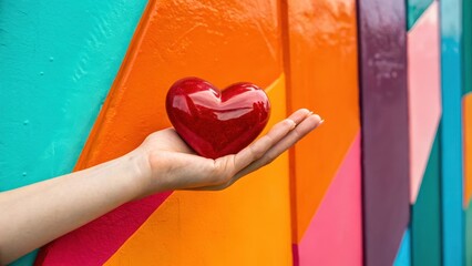 Wall Mural - red heart on the palm of your hand on a multi-coloured background