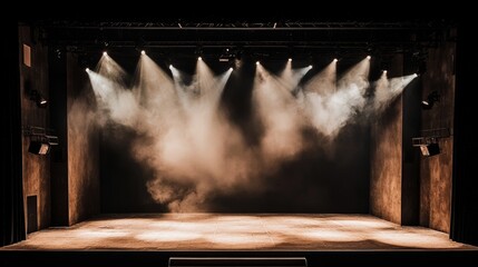 Poster - An empty stage situated on a dark floor is transformed by vibrant stage lights placed around its perimeter, creating a captivating space that invites performers and spectators alike to participate in