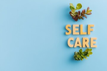 Poster - Minimalist Self-Care Motivation Wooden Letter Blocks with Succulent on Blue - Modern Wellness Inspiration and Marketing for Mindful Living Choices