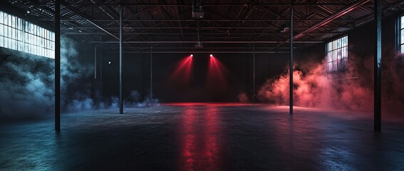 Poster - The interior of a large, modern garage is set against a dark warehouse background, featuring a panoramic perspective and adorned with bright red neon LED lighting, creating an abstract and empty