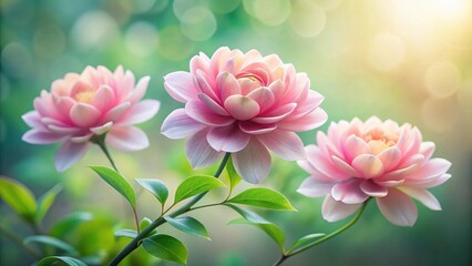 Wall Mural - Serene Pink Blossoms in a Sunlit Garden, Exhibiting Delicate Petals and Lush Green Foliage