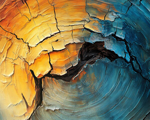 Poster - Close-up of a cracked and colorful cross-section of tree bark showing layers of orange, yellow, and blue, symbolizing natural textures, aging, and earth's beauty.