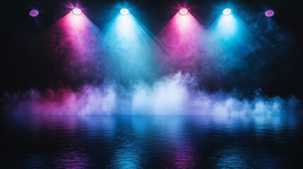 Poster - Dramatic red and blue lighting and smoke effects have transformed an empty stage into a captivating setting, ready for the start of a performance
