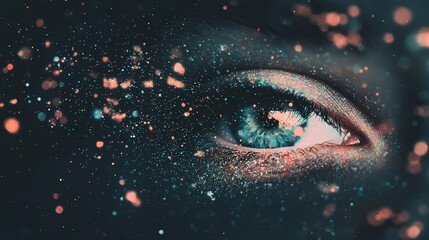 Poster - A modern eye is reimagined as a futuristic concept through the use of low poly wireframe technology, featuring protective mesh spheres and a sleek blue structure illustrated in thin lines