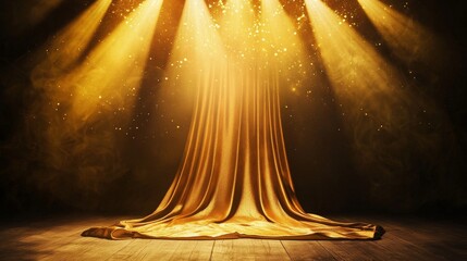 Poster - The magic of theater production is unveiled as the curtains open to expose stage lighting equipment and a hanging spotlight