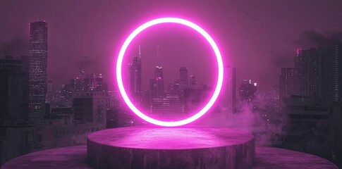 Poster - The backdrop of the night city was illuminated by a glowing circular podium