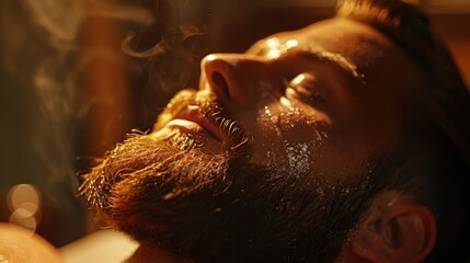 Aufkleber - A man experiences relaxation during steam therapy, his face glistening with moisture in a softly lit wellness center, creating a tranquil ambiance ideal for stress relief.