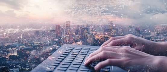 Poster - A software engineer is working on a laptop with a visible circuit board and a virtual screen showing javascript, embodying the digital technology and software development concept of the internet of