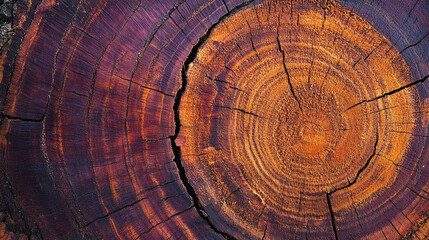 Poster - Close-up of the cross-section of a tree trunk, showcasing vibrant rings in shades of orange, purple, and brown with cracks symbolizing the passage of time and nature's beauty.