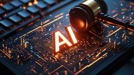 Poster - AI Law, Gavel on Circuit Board, Digital Justice