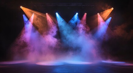Poster - Stock image of an abstract background that includes stage lights, conveying a dramatic look through the use of dark tones and bright accents, with a modern and minimalistic design, dynamic lighting