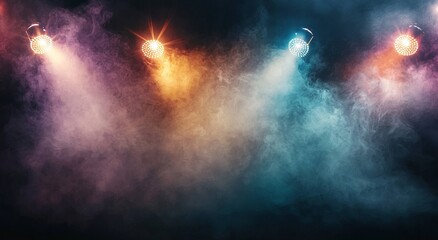 Poster - A dramatic look is achieved through the combination of stage lights, dark tones, and bright accents on an abstract background, with a modern feel and minimalistic design, stock