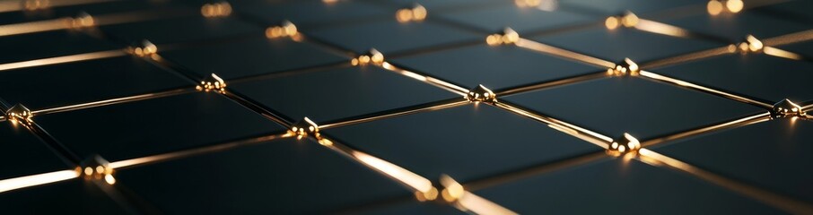 Poster - Luxury abstract black metal background featuring golden light lines, a dark 3D geometric texture illustration, and a bright grid pattern, forming a pure black horizontal banner wallpaper with an