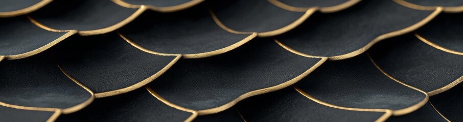Poster - Golden light lines and a dark 3D geometric texture illustration come together to create a luxury abstract black metal background with a bright grid pattern, pure black horizontal banner wallpaper,